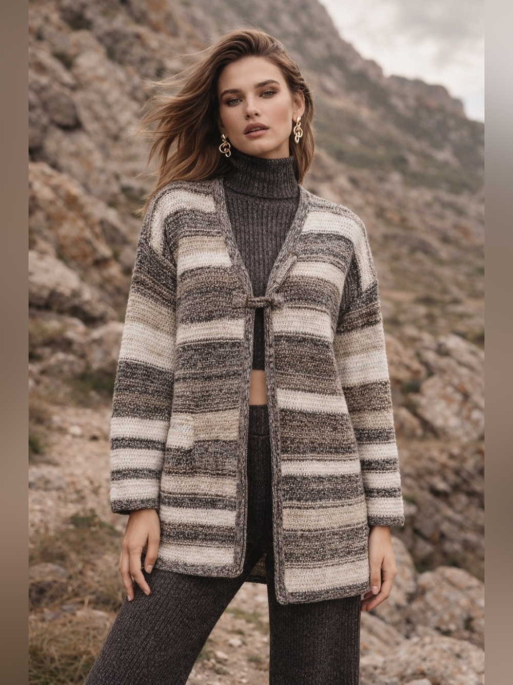 J JILL Intarsia Textured Cardigan Zinc Multi Striped  Sz Small Neutral Boho Cozy
